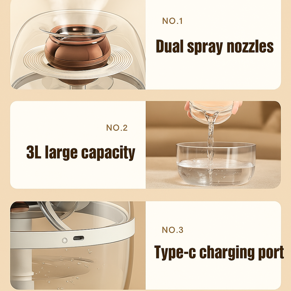 3L Humidifier Dual Nozzle USB Cool Mist Household Air Humidifier